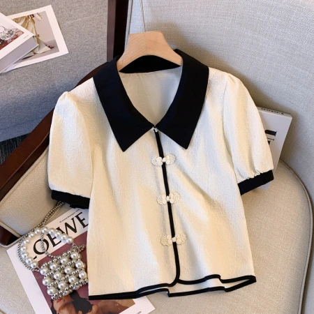 Real photo of plus-size women's clothing 2022 summer new Korean-style fashionable lapel puffed-sleeve apricot top design sense T-shirt Real photo of plus-size women's clothing 2022 summer new Korean-style fashionable lapel puffed-sleeve apricot top design sense T-shirt